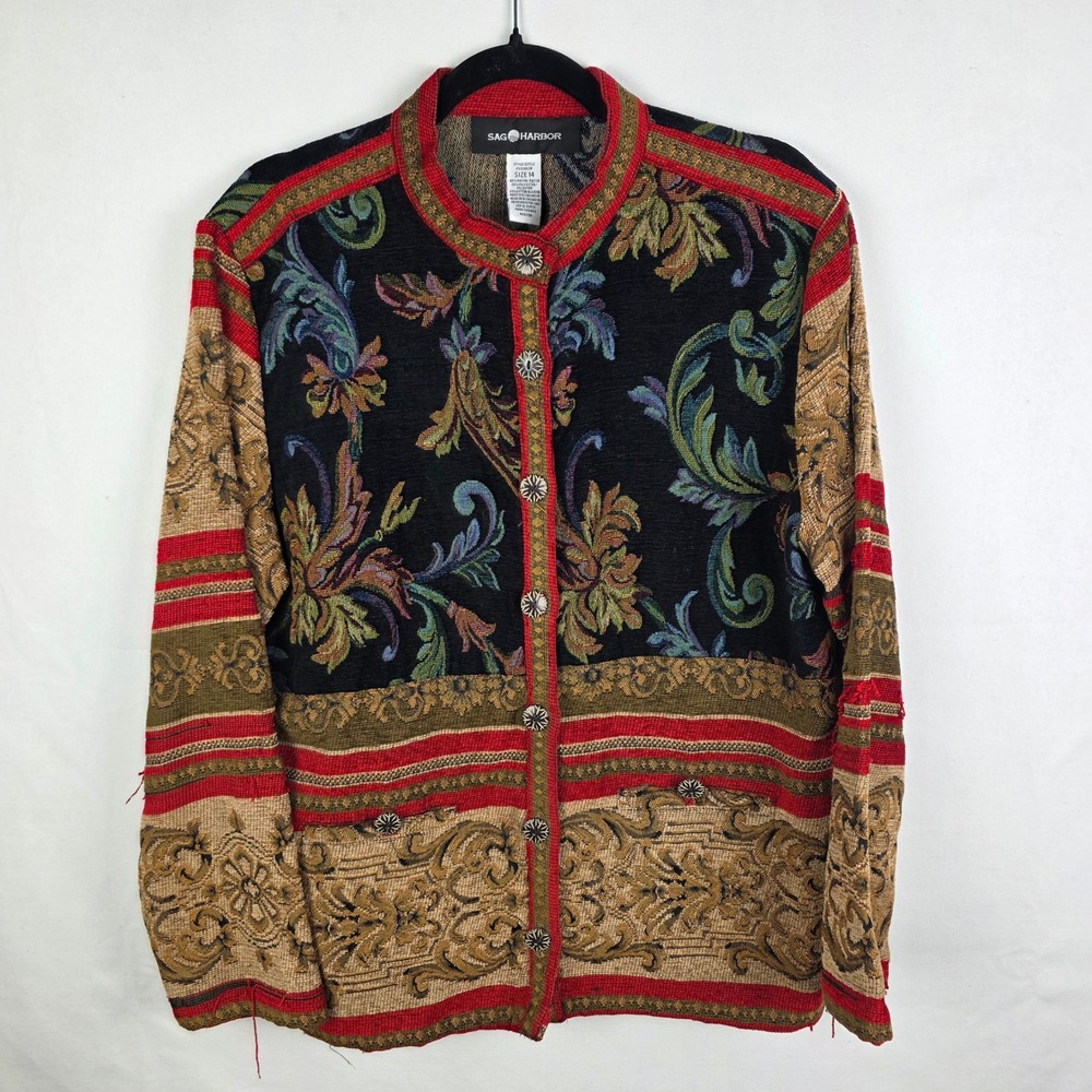Sag Harbor Vintage Tapestry Jacket Floral Scrollwork Button Front Size 14 Red